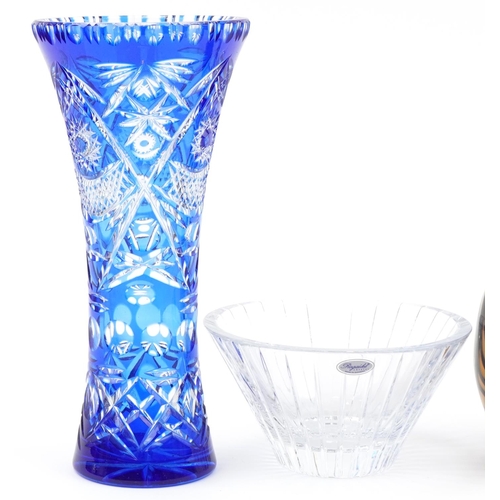 523 - Contemporary Dreamlight centre piece, a blue flash overlay glass vase and Slovenian clear glass  bow... 