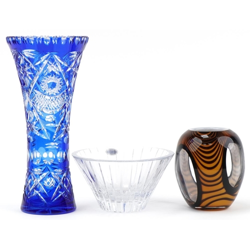 523 - Contemporary Dreamlight centre piece, a blue flash overlay glass vase and Slovenian clear glass  bow... 