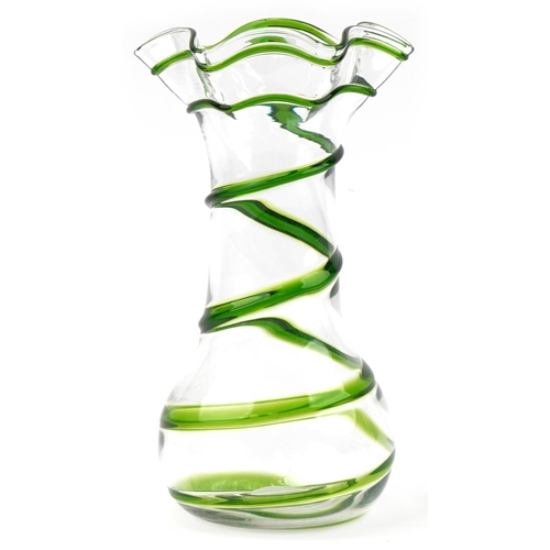 401 - Stylish clear fluted glass vase with green spiral twist, 30cm high