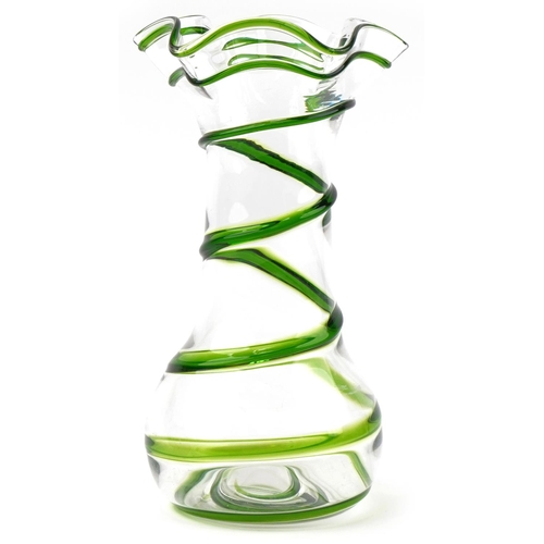 401 - Stylish clear fluted glass vase with green spiral twist, 30cm high