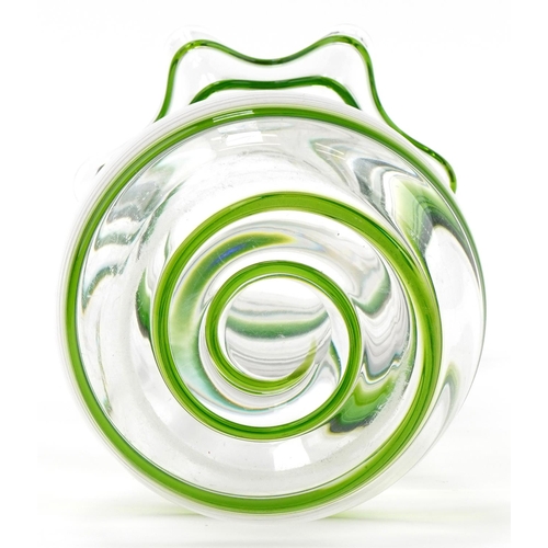 401 - Stylish clear fluted glass vase with green spiral twist, 30cm high