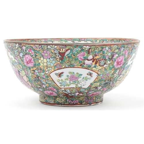 1358 - Large Chinese Famille Rose bowl decorated with flowers and courtier scenes, character mark to the ba... 