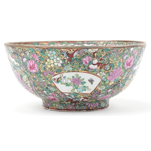 1358 - Large Chinese Famille Rose bowl decorated with flowers and courtier scenes, character mark to the ba... 