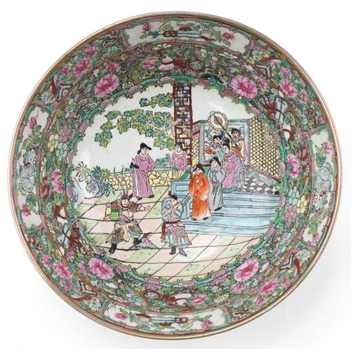 1358 - Large Chinese Famille Rose bowl decorated with flowers and courtier scenes, character mark to the ba... 