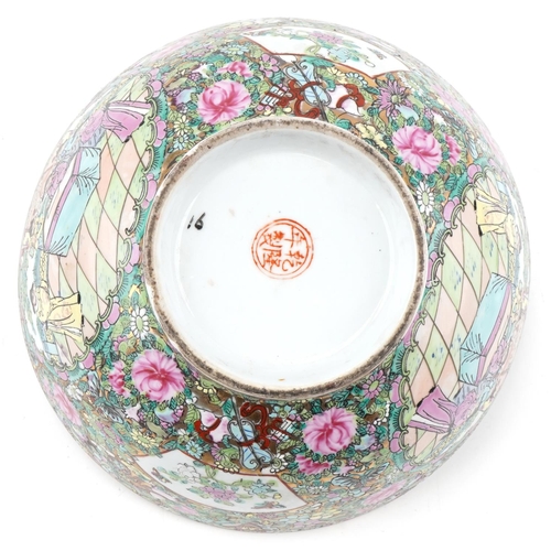 1358 - Large Chinese Famille Rose bowl decorated with flowers and courtier scenes, character mark to the ba... 