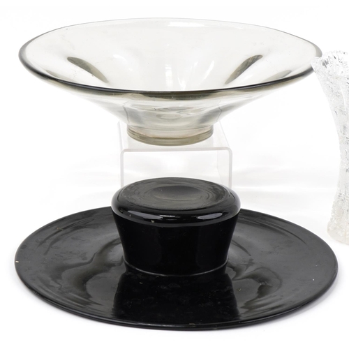 2309 - Large cut glass fruit bowl, vase, black glass posy ring, glass bowl and thistle cut vase, the larges... 