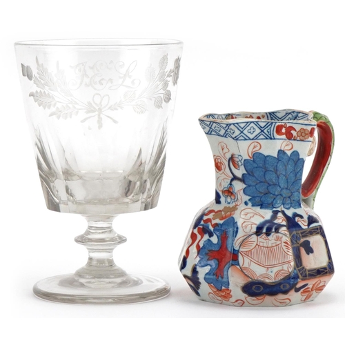 1279 - Davenport Mason's pattern ironstone jug together with a large Victorian wine glass etched with flowe... 