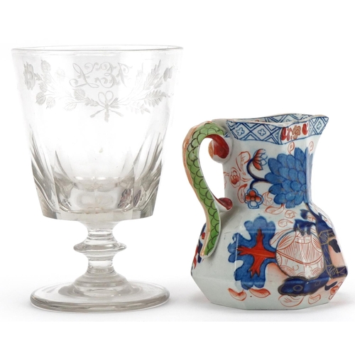 1279 - Davenport Mason's pattern ironstone jug together with a large Victorian wine glass etched with flowe... 