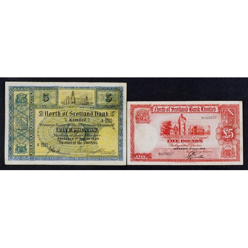 2455 - Two North of Scotland Bank Limited five pound notes, one blue Aberdeen dated 1st March 1934, the oth... 