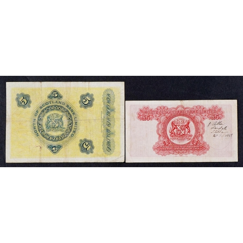 2455 - Two North of Scotland Bank Limited five pound notes, one blue Aberdeen dated 1st March 1934, the oth... 