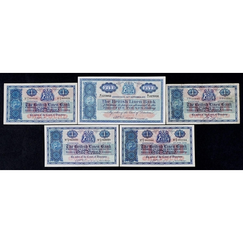 2452 - Five British Linen Bank banknotes comprising one five pounds and four one pounds, dating from 1939-1... 