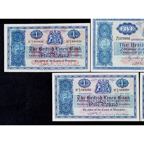 2452 - Five British Linen Bank banknotes comprising one five pounds and four one pounds, dating from 1939-1... 