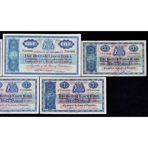 2452 - Five British Linen Bank banknotes comprising one five pounds and four one pounds, dating from 1939-1... 