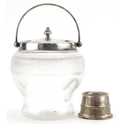 1343 - Silver mounted cut glass biscuit jar with white metal lid and a silver inkwell with clear glass line... 