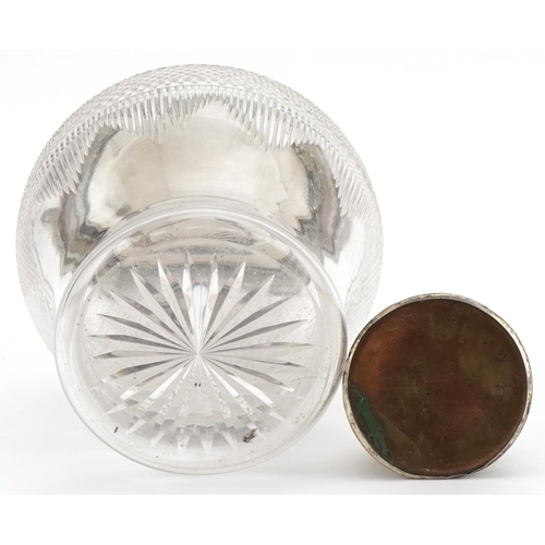 1343 - Silver mounted cut glass biscuit jar with white metal lid and a silver inkwell with clear glass line... 