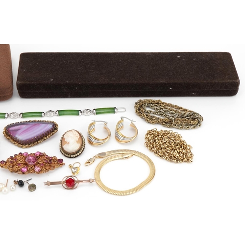 3551 - Vintage and later jewellery including gold plated necklaces, 9ct gold metal core hinged bangle and g... 