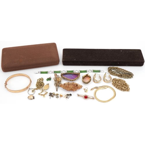 3551 - Vintage and later jewellery including gold plated necklaces, 9ct gold metal core hinged bangle and g... 