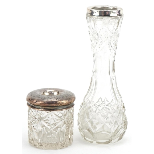 1341 - Silver mounted cut glass vase and jar together with a sterling silver mounted Oregon souvenir teaspo... 