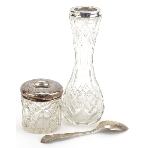 1341 - Silver mounted cut glass vase and jar together with a sterling silver mounted Oregon souvenir teaspo... 