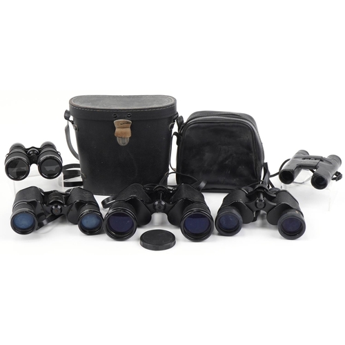 1561 - Five pairs of vintage and later binoculars, some with cases, including Mark Scheffel 10 x 50, Tasco ... 