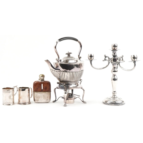 2303 - Victorian and later silverplate including a demi fluted teapot on stand with burner, four branch can... 