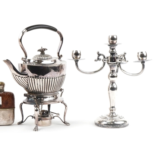 2303 - Victorian and later silverplate including a demi fluted teapot on stand with burner, four branch can... 