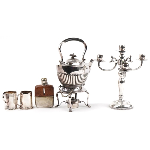 2303 - Victorian and later silverplate including a demi fluted teapot on stand with burner, four branch can... 