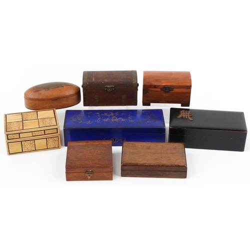 2288 - Vintage and later wooden boxes, one with brass fish inlay, the largest 25cm wide