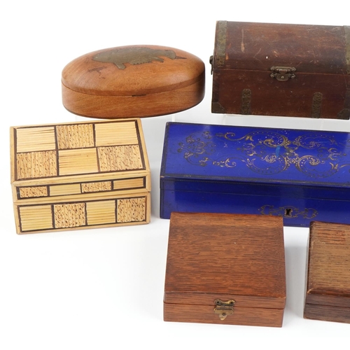 2288 - Vintage and later wooden boxes, one with brass fish inlay, the largest 25cm wide