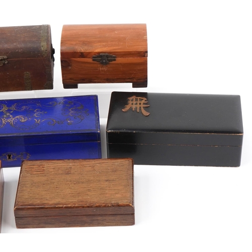 2288 - Vintage and later wooden boxes, one with brass fish inlay, the largest 25cm wide