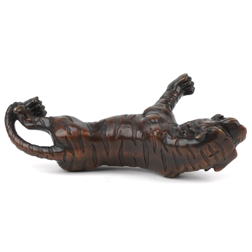 1115 - Japanese patinated bronze okimono figure of a tiger, 34cm in length