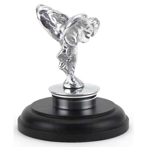 2223 - Automobilia interest silvered metal Spirit of Ecstasy figure raised on a circular ebonised base, 14c... 