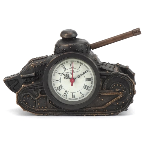 2540 - Novelty bronzed clock in the form of a military tank, 15cm in length