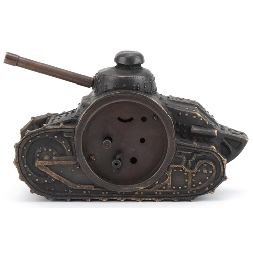 2540 - Novelty bronzed clock in the form of a military tank, 15cm in length