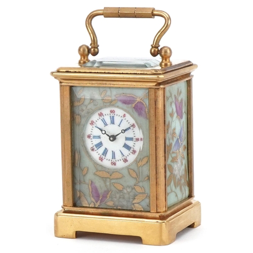 1092 - Miniature brass cased carriage clock with Sèvres type porcelain panels decorated with butterflies am... 