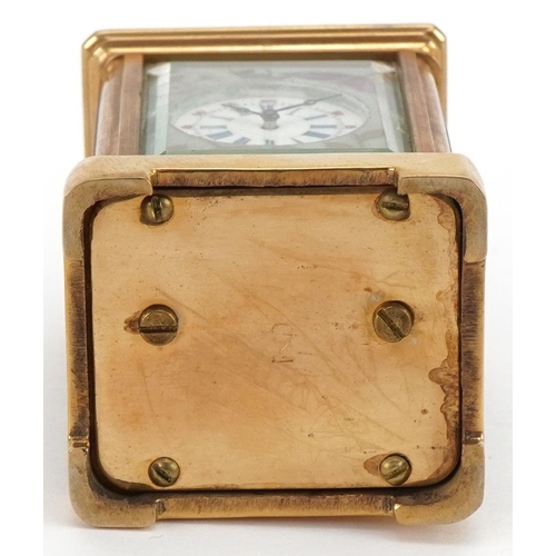 1092 - Miniature brass cased carriage clock with Sèvres type porcelain panels decorated with butterflies am... 