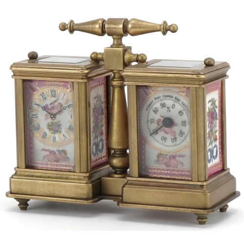 2290 - French brass cased clock/barometer timepiece having Sèvres type porcelain panels with Putti and flow... 