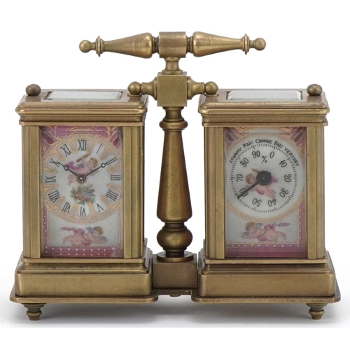 2290 - French brass cased clock/barometer timepiece having Sèvres type porcelain panels with Putti and flow... 