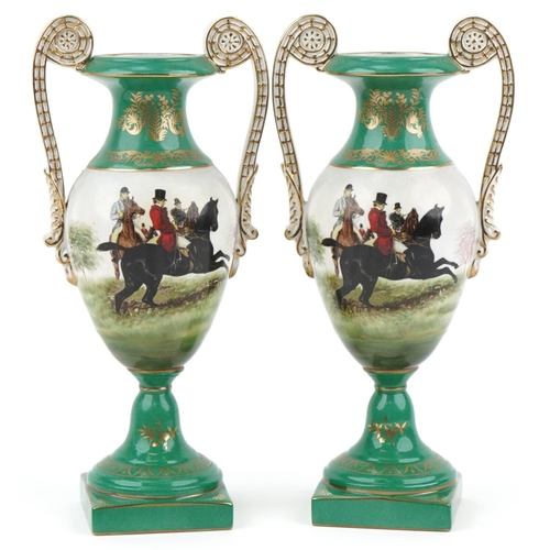 2176 - Pair of Sèvres style porcelain twin handled vases transfer printed with huntsmen on horseback, 33cm ... 