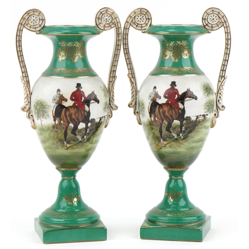 2176 - Pair of Sèvres style porcelain twin handled vases transfer printed with huntsmen on horseback, 33cm ... 