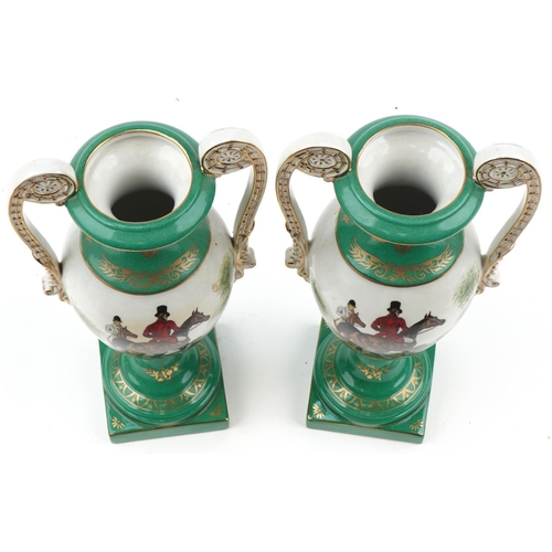 2176 - Pair of Sèvres style porcelain twin handled vases transfer printed with huntsmen on horseback, 33cm ... 