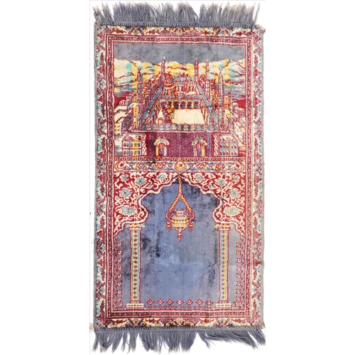 745 - Rectangular Middle Eastern silk prayer mat having a view of Mecca, 100cm x 53cm