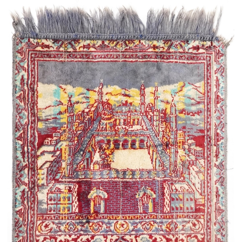 745 - Rectangular Middle Eastern silk prayer mat having a view of Mecca, 100cm x 53cm