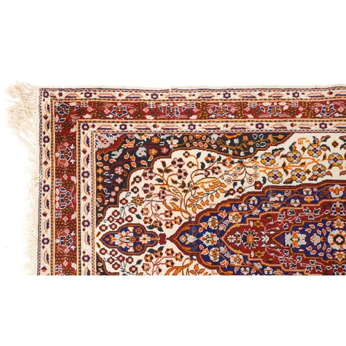 749 - Rectangular Middle Eastern part silk rug having an allover floral design onto a predominantly cream ... 