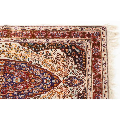 749 - Rectangular Middle Eastern part silk rug having an allover floral design onto a predominantly cream ... 