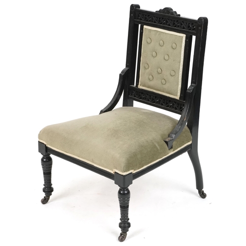 631 - Late Victorian Aesthetic Movement ebonised nursing chair, 73cm H x 48cm W x 51cm D