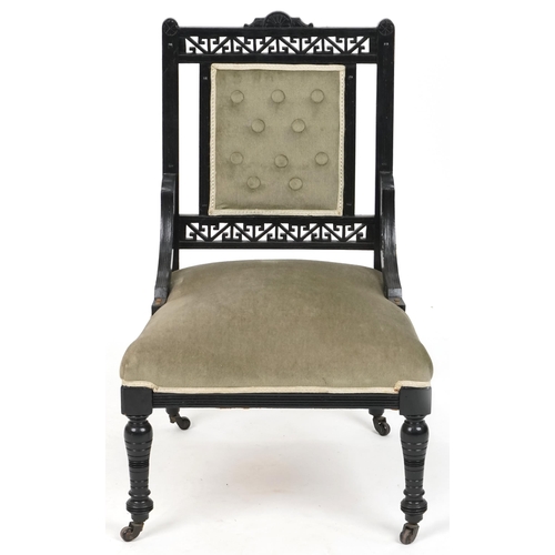 631 - Late Victorian Aesthetic Movement ebonised nursing chair, 73cm H x 48cm W x 51cm D