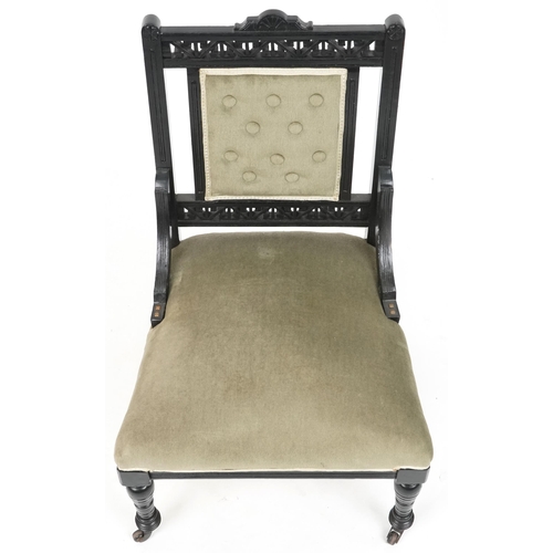 631 - Late Victorian Aesthetic Movement ebonised nursing chair, 73cm H x 48cm W x 51cm D