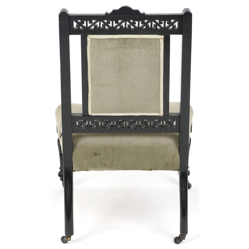 631 - Late Victorian Aesthetic Movement ebonised nursing chair, 73cm H x 48cm W x 51cm D