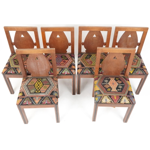 625 - Set of six early 20th century Arts & Crafts/Art Deco oak dining chairs, possibly Amsterdam School, e... 